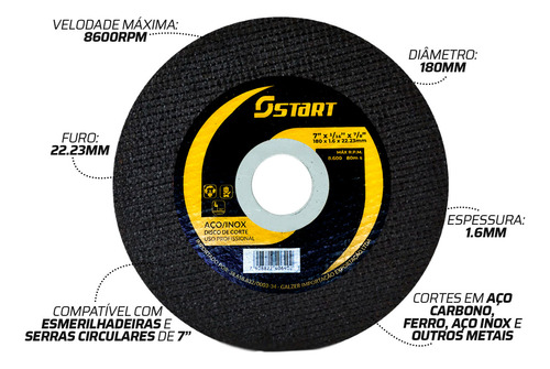 Kit Com 50 Discos De Corte Fino Inox 7 Pol X 1,6 Standard Start Para Esmerilhadeira Cor Preto