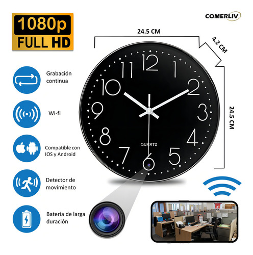 Câmera Spy Camera Wall Clock Camera WiFi Full Hd WiFi 2,4 Ghz Hidden Home Bateria de longa duração 3500 mAh Memória Micro SD de até 512 Gb Câmera de segurança de monitoramento de smartphone