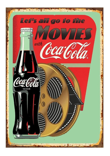 1 Cartel Letrero Cuadro Metalico Coca Cola Movies 40x28  