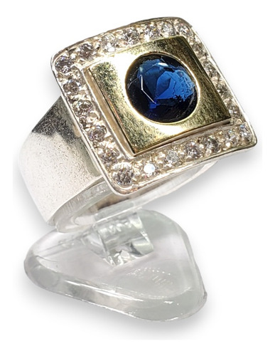 Anillo Plata Y Oro Cuadrado Con Cubic Y Centro Piedra Azul