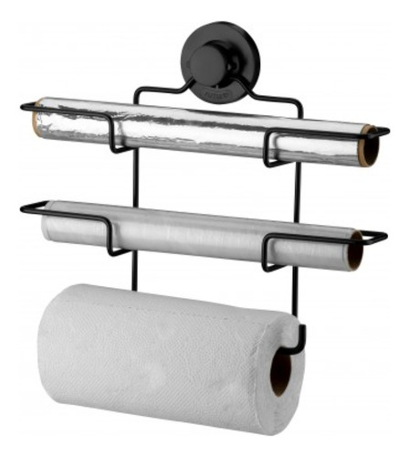 Soporte Porta Rollo Papel Triple Con Ventosa Negro Mate