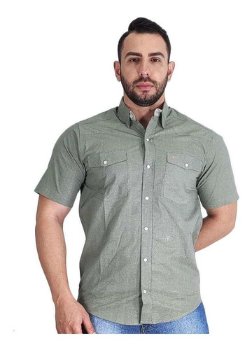 Camisa Masculina Fast Back Manga Curta Estampada Verde Musgo