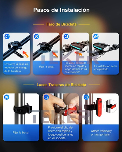 Luz Bicicleta Recargable Delantera Y Traser Y Claxon Teker