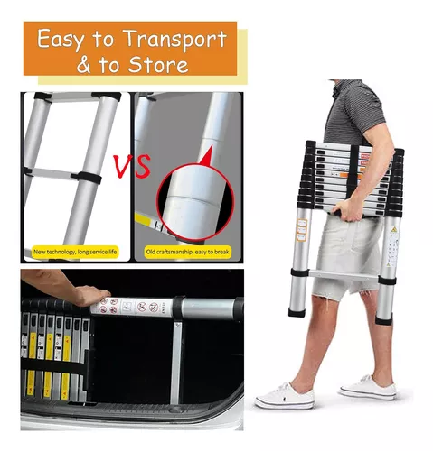 Escalera de extensión telescópica de aluminio escalera telescópica recta de  14.4 pies, escalera telescópica multiusos de 26.5 lbs, escalera portátil