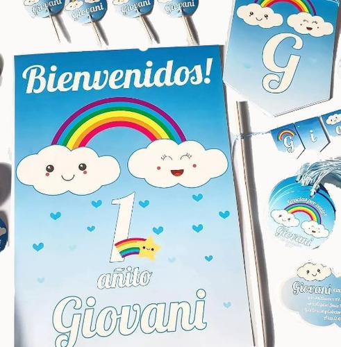 Nubes Arcoiris Varon Kit Impreso 12 Invitados Cumpleaños