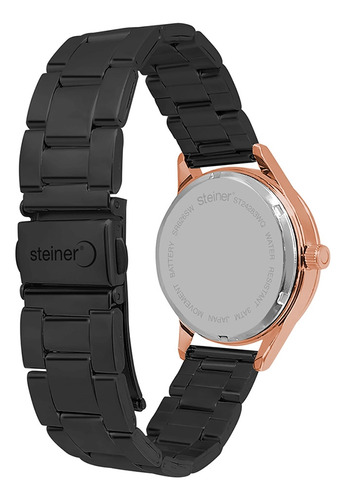 Reloj Para Mujer Análogo Steiner Anillo De Cristales 37 Mm Correa Negro Bisel Oro rosa Fondo Negro
