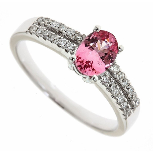 Anel Em Ouro Branco 18k, Turmalina Rosa E Diamantes (0,24cts