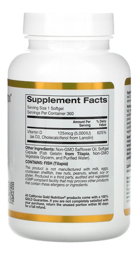 Imagem 2 de 4 de Vitamina D3, 125mcg (5000 Ui), Importada Eua - 360 Caps