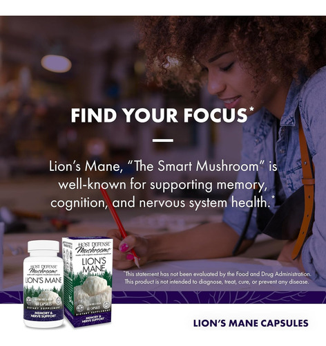 Host Defense Mushrooms Lion's Mane 1g 60 Cápsulas Suplemento Dietético Memoria y Enfoque, Salud Nerviosa y Bienestar General