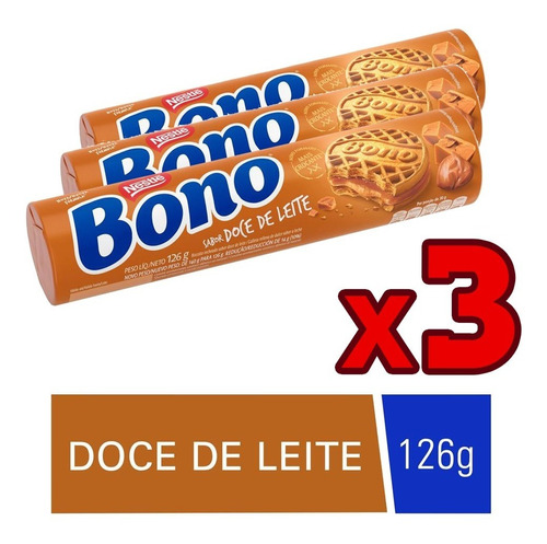 Kit Com 3 Pacotes Biscoitos Recheio Doce De Leite Bono 126g