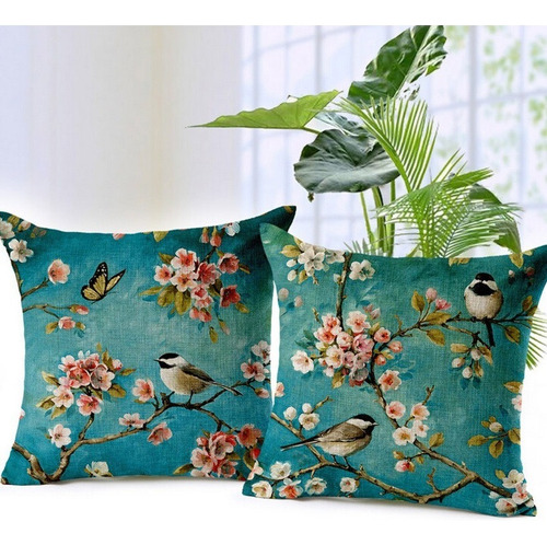 Set 2 Fundas Cojínes Flores Pájaros Vintage En Lino Crudo Blossom
