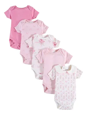 Kit 5 Bodys Algodão Manga Curta Bebê Menina Rosa 6m