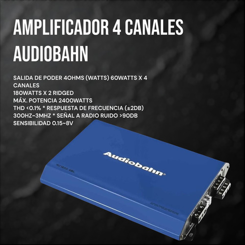Amplificador 4ch Audiobahn Azul+kit De Instalación Cal 4