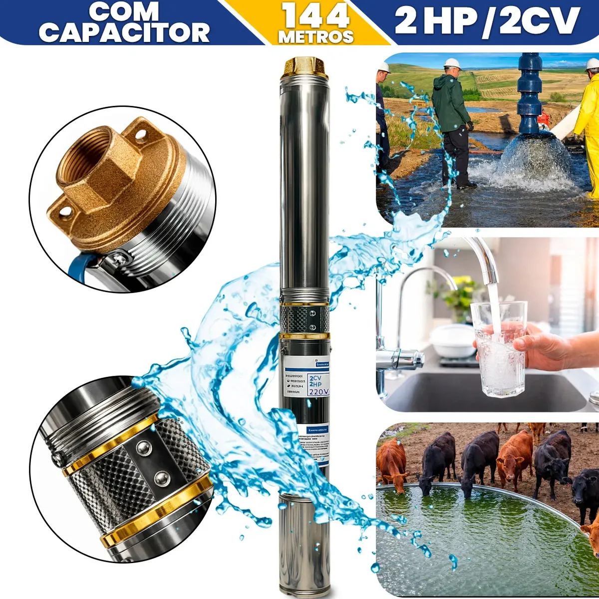 Bomba Submersa Caneta Palito 2cv 2hp Monofásico Poço Artesiano 144 Altura Cisterna Submersível Aço 3200lh Sítio Chácara Fazenda Rancho