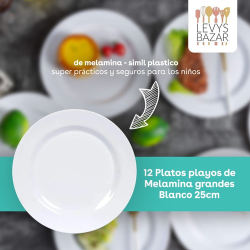 Imagen 2 de 10 de Set 12 Platos Playos Grandes De Melamina Blanca 25cm Oferta