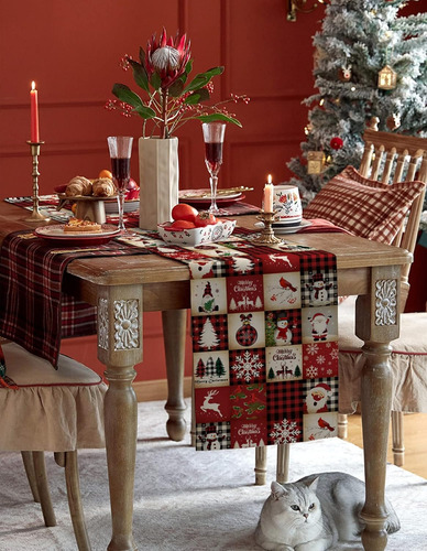 Table Runner Gnomes Snowman, Camino De Mesa De Lino Rojo, S