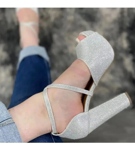 Imagem 4 de 5 de Sandália Glitter Salto Alto Grosso Meia Pata Brilho 12 Cm