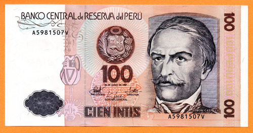 Billete Perú 100 Intis, Pick 133a, Año 1987 Serie A (unc)