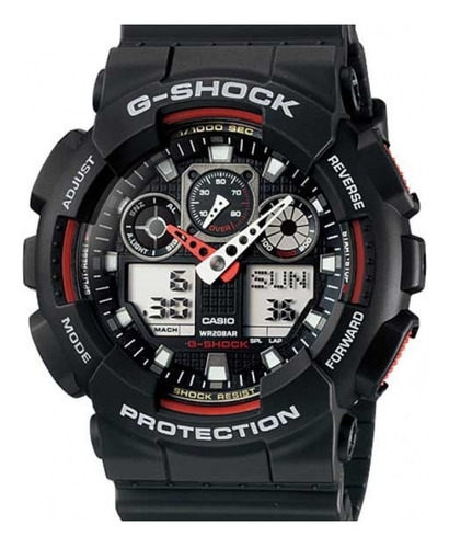 Imagen 2 de 4 de Reloj de pulsera Casio G-Shock GA-100 de cuerpo color negro, analógico-digital, para hombre, fondo negro, con correa de resina color negro, agujas color blanco y rojo, dial gris y blanco, subesferas color negro y gris, minutero/segundero blanco, bisel color negro y rojo y hebilla doble