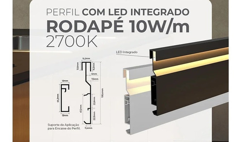 Perfil De Rodapé Branco C/ Led Integrado 1m 10w/m Ip65 2700k