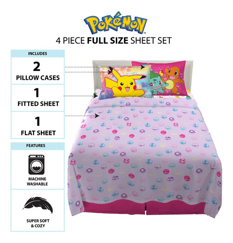 Juego De Sabanas Matrimoniales Pokemon Color Rosa 4 Piezas