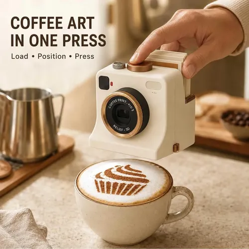 Manual latte art camera being pressed above a cup of coffee