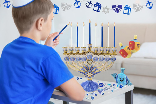 The Dreidel Company Hanukkah Menorah Enamel Magen David & He