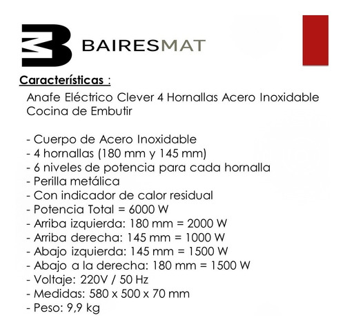 Imagen 6 de 8 de Anafe Electrico Clever 4 Hornallas 6000w Cocina Acero Inox