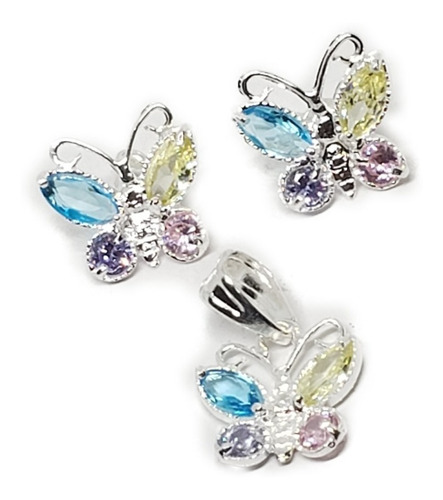 Dije De Mariposa Zirconias Multi De Plata 925 Con Aretes +