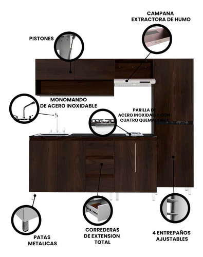 Cocina Integral Premium Decomobil Con Campana Y Parrilla Color Parota - Mármol Negro