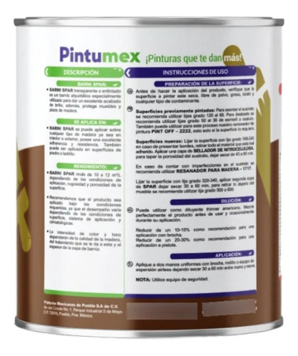 Pintumex Spar Barniz Para Madera Secado Normal, 1 Litro Roble Oscuro Brillante