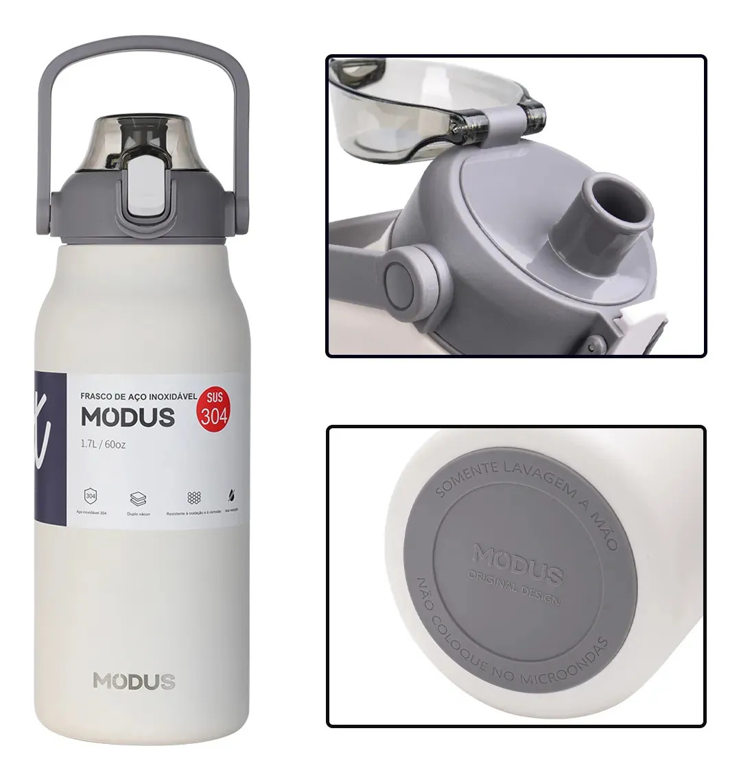 Modus Garrafa Térmica 1700ml Aço Inox 304 Branca À Prova De Vazamento