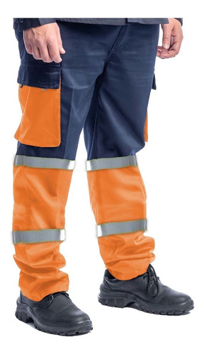 Pantalón Cargo De Trabajo Industrial Azul Reflectivo Naranja