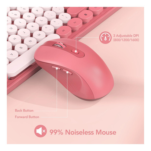 Combo De Teclado Y Mouse Inalámbricos, Teclado Retro Redondo Rosa.