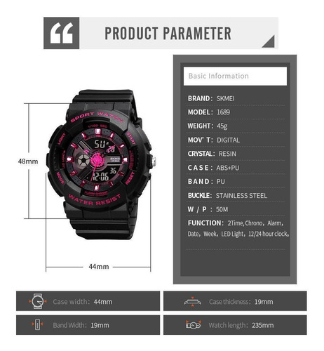 Imagen 4 de 7 de Reloj Skmei 1689 De Dama Dual Time / Alfashop