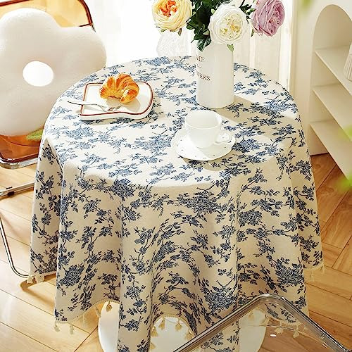 Mantel Redondo De Lino Floral Con Borlas Azules