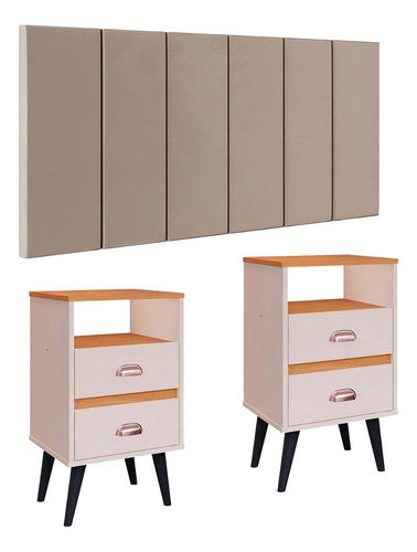 Cabeceira Acolchoada Modular 1,4 Kit Mesa Auxiliar Cama Luxo Cor Bege Suede | Off/cinamomo