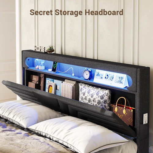 Base De Cama Matrimonial C/ Cabecera Con Luz Led & Usb Grey