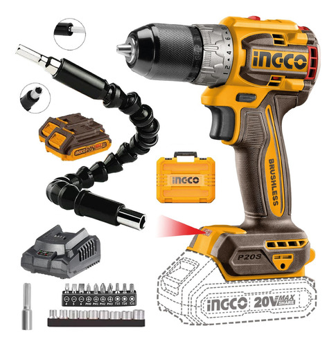 Taladro Atornillador 20v Ingco Brushless Portátil + Extensor Color Amarillo Frecuencia 50 Hz 60 Hz