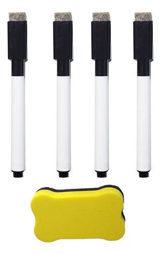 Kit 4 Canetas Quadro Branco Preta Apagável + Apagador Imã