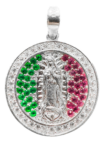 Dije De Plata Virgen De Guadalupe Con Incrustaciones De Zirconia Verdes Rojas Y Transparente Con Cadena De Plata Calibre 40 Y 45 Cm De Largo Ideal Para Regalar En Boda Bautizo Primera Comunión 15 Años