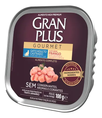 Patê Molhado Gran Plus Gourmet Gatos Castrados Frango 100g Lata