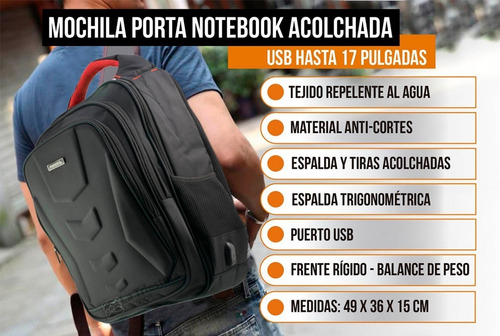 Mochila Porta Notebook Acolchada Usb Hasta 17 Pulgadas
