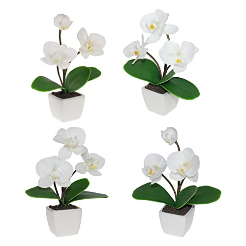 4 Orquídeas Blancas Artificiales Maceta Escritorio