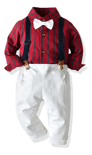Conjunto De Pantalones Con Tirantes Y Camisa A Rayas Para Ni