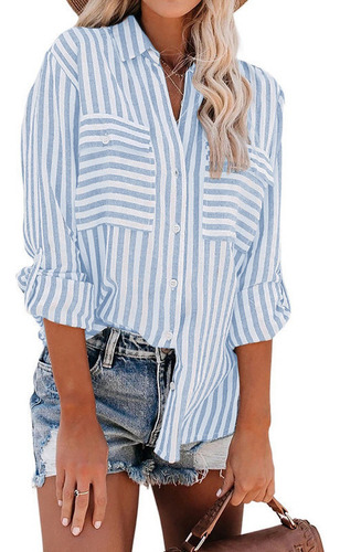 Blusa De Manga Larga Con Bolsillos A Rayas Con Botones Y Cue