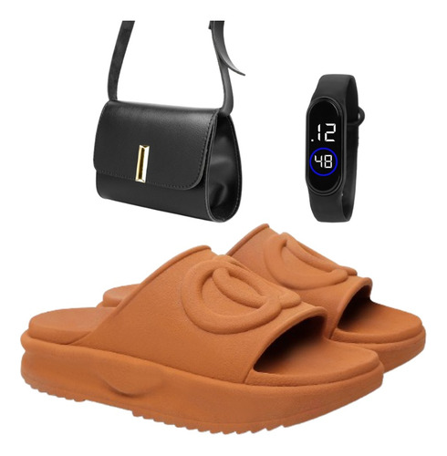 Kit Papete Feminina Slide Nuvem Plataforma + Bolsa E Relógio