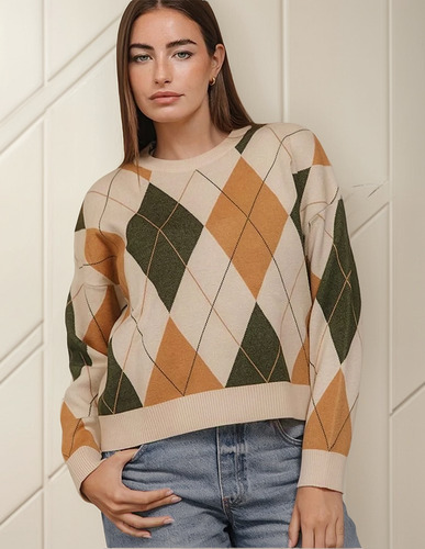 Sweater Rombos Mujer Vintage Tejido Suave Otoño Invierno