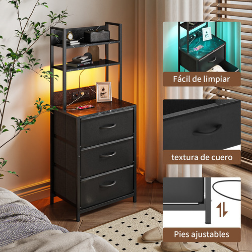 Buró Mesita De Noche 6 Niveles Con Enchufe Y Luz Led Moderno