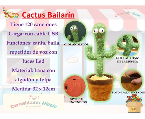 Imagen 1 de 4 de Cactus Bailarín Recargable Canta, Baila Y Repite En Stock 